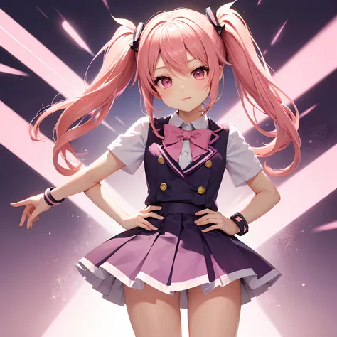 Very cute and (Beautiful Chibi Anime Girl), Solo, Simple background, Beautiful twin tails*Pink* hair,  Beautiful detailed *Pink* High School Uniform, Full body, Standing, high detailed face and *Pink* Eyes, Clearly outlined