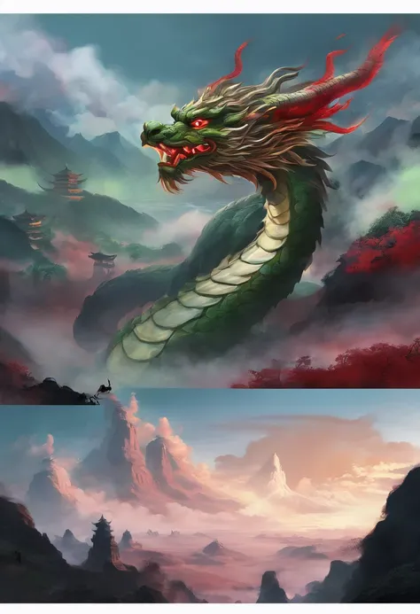 China-style，Chinese mythology，Chinese Green Dragon，tosen，Ferocious，gargantuan，The eyes glow red，Glow effects，surrounded by cloud，Thick clouds，中景 the scene is，Full body like， highly detailed surreal vfx，oc rendered，