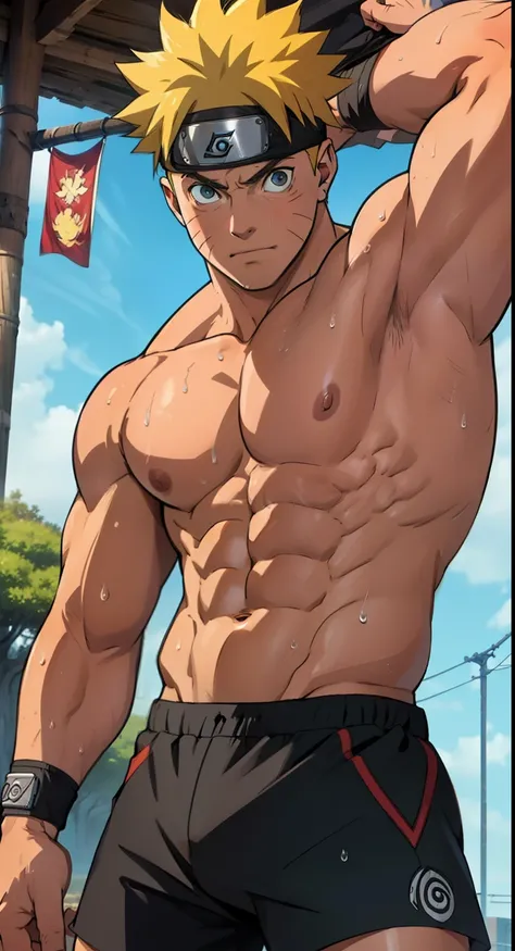 [highest quality photo][ 4k,HD photo quality] huge muscular thigh muscles,he wore tight short shorts that revealed his strong thigh muscles Uzumaki Naruto, lots of sweat flowing down, topless, shirtless, sunny, shiny skin, bodybuilder,  8-pack abs, giant, ...