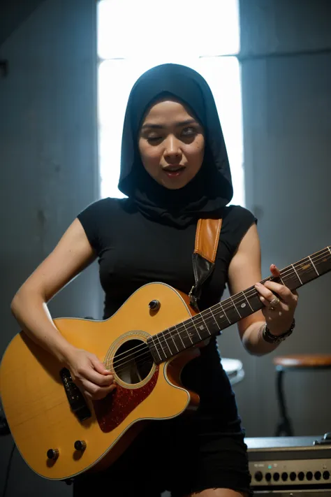 Craft an atmospheric portrait that captures the Malay girl in hijab in a moment of musical ecstasy playing guitar, surrounded by the gritty elegance of a classic motorbike, embodying the spirit of rock n roll