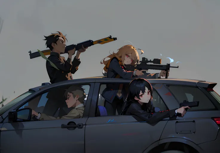 krenz，Anime characters sitting in cars，There are guns on it, Guviz-style artwork, Badass anime 8 K, Guviz, author：New Art, author：yanjun cheng, anime machine gun fire, Guweiz in Pixiv ArtStation, Guweiz on ArtStation Pixiv, modern anime style, author：Yoshi...