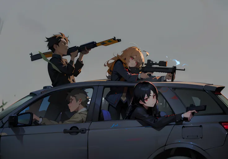 krenz，Anime characters sitting in cars，There are guns on it, Guviz-style artwork, Badass anime 8 K, Guviz, author：New Art, author：yanjun cheng, anime machine gun fire, Guweiz in Pixiv ArtStation, Guweiz on ArtStation Pixiv, modern anime style, author：Yoshi...