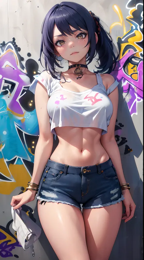 Kujou Sara Genshin Effect, masterpiece, bestquality, 1girls, mediuml breasts, long-haired ,Ponytail, bara, crop top, shorts jeans, choker, (Graffiti:1.5), Splash with purple lightning pattern., arm behind back, against wall, Look at the audience from behin...