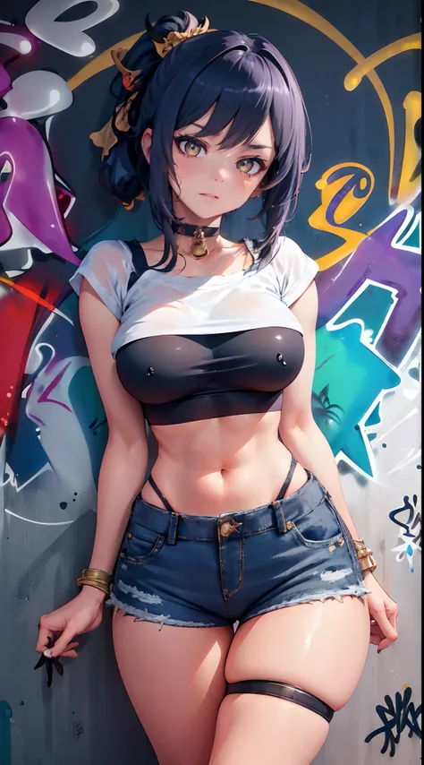 Kujou Sara Genshin Effect, masterpiece, bestquality, 1girls, mediuml breasts, long-haired ,Ponytail, bara, crop top, shorts jeans, choker, (Graffiti:1.5), Splash with purple lightning pattern., arm behind back, against wall, Look at the audience from behin...