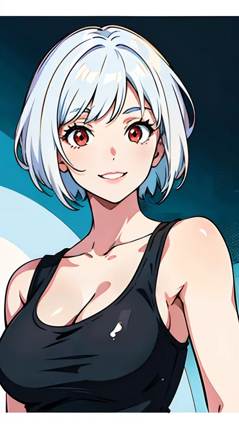 best quality, realistic:1.37, ultra-detailed, an anime girl in the summer, white hair, short hair, tomboy hair, red eyes, detailed eyes, beautiful, smile, laugh, bright smile, charming, black tank top, large breasts