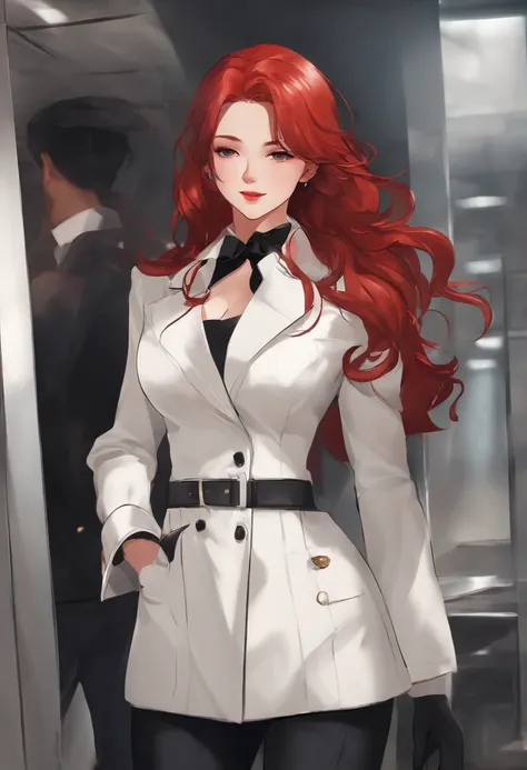 A red-haired man was smashed on a high-tech floor，about twenty years old，He was wearing a red coat，With black gloves，In a white blouse shirt，Black Jeans，Keep your eyes closed，Future Style，anime big breast