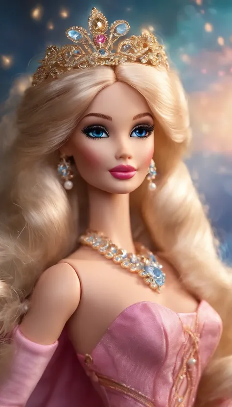 "A bright and captivating portrait of Barbie with impeccable detail, Capture her elegance and charm in high-resolution CGI. shining hair，immaculate, The doll is distinguished by stylish clothes, Stunning blue eyes, Perfect Style. Soft lighting enhances its...