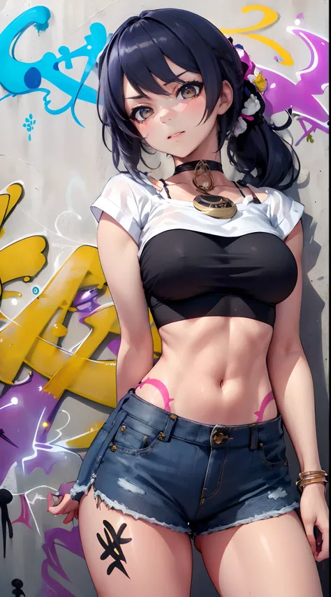 Kujou Sara Genshin Effect, masterpiece, bestquality, 1girls, mediuml breasts, long-haired ,Ponytail, bara, crop top, shorts jeans, choker, (Graffiti:1.5), Splash with purple lightning pattern., arm behind back, against wall, Look at the audience from behin...