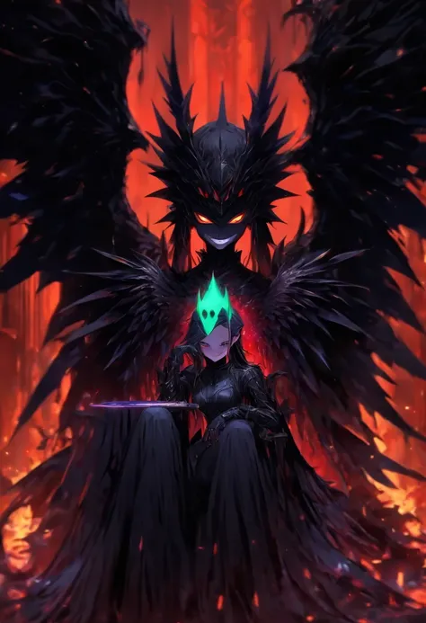 Handsome Girl, Black leather suit, Membranous wings , Girl drinks a glass of black blood, Evil smile, Dark Metal Throne, a throne.