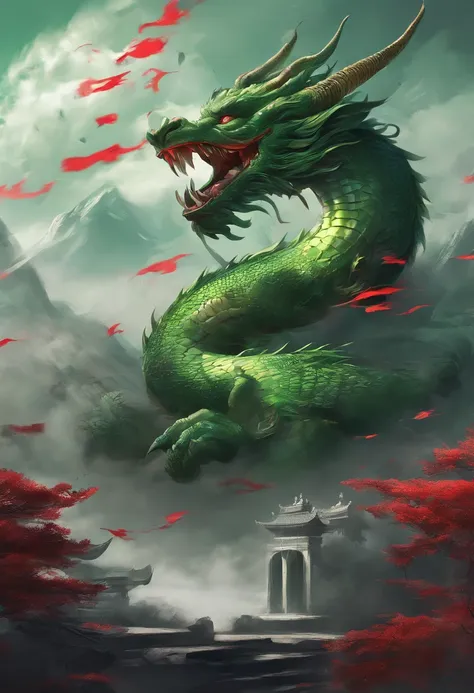 China-style，Chinese mythology，Chinese Green Dragon，tosen，Ferocious，gargantuan，The eyes glow red，Glow effects，surrounded by cloud，Thick clouds，buliding，中景 the scene is，Full body like， highly detailed surreal vfx，oc rendered，