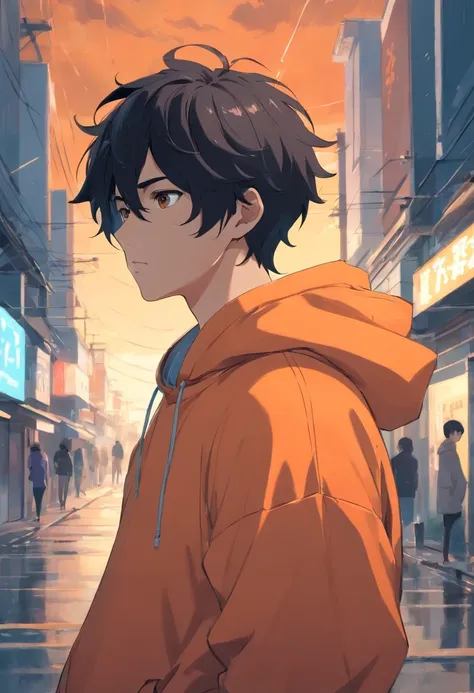 1 guy, black hair slightly curled, oversized orange hoodie, pale white skin, hot, cool, storm behind