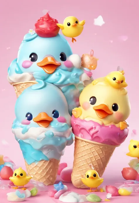 Ice cream with ducklings，IP design，IP image，Endorsement images，3D modeling，rendering