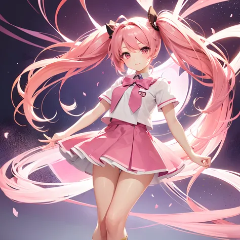 Very cute and (Beautiful Chibi Anime Girl), Solo, Simple background, Beautiful twin tails*Pink* hair,  Beautiful detailed *Pink* High School Uniform, Full body, Standing, high detailed face and *Pink* Eyes, Clearly outlined