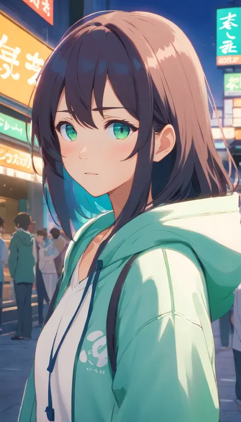 1 girl, Family Mart theme, Family Mart style, Blue long hair, White hoodie, Green eyes