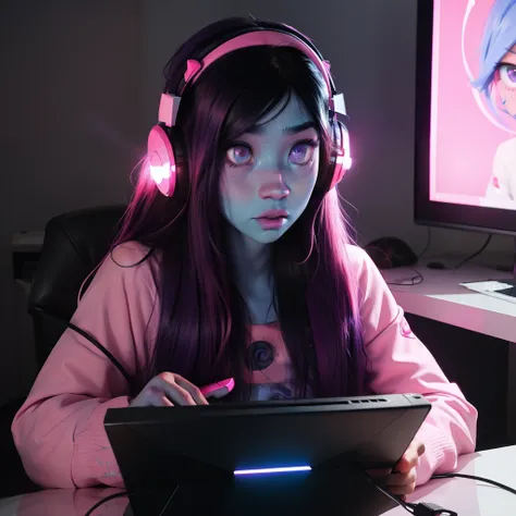 cute anime (zombie girl) with (dark purple straight hair), freckles, (((blue skin))), (((pink eyes))), pink nose. Playing videogames with headphones in er room.