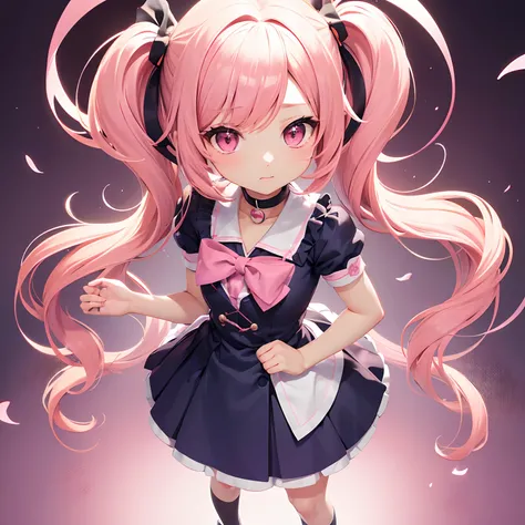 Very cute and (Beautiful Chibi Anime Girl), Solo, Simple background, Beautiful twin tails*Pink* hair,  Beautiful detailed *Pink* High School Uniform, Full body, Standing, high detailed face and *Pink* Eyes, Clearly outlined