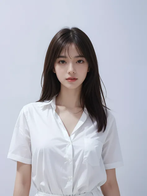 Best quality, masterpiece, ultra high res, (photorealistic:1.5), raw photo, detailed skin, 1girl, perfect body, white cotton shirt, (( office background:1.2)) , long hair ( white theme :0.9)