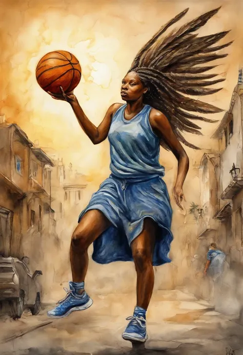 (best quality,ultra-detailed,realistic:1.37),starry night by Van Gogh,female angel with huge wings in a war-torn ghetto, wearing baggy saggy urban clothing, nike sneakers, and dreadlocks, holding the sun as a basketball and balling! shooting the ball throu...