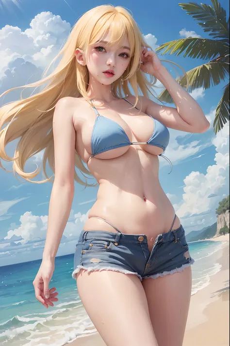 best quality, ultra high res, (photorealistic:1.4), 8k resolution, girl, (yellow hair:1.3), (realistic hair:1.2), (Korean girl:1.2), (realistic eyes:1.2), (beauty face:1.3), perfect body, white pale skin, big breast, cleavage, , (eyes looked up:1.3), (wet ...