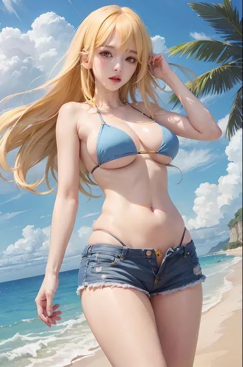 best quality, ultra high res, (photorealistic:1.4), 8k resolution, girl, (yellow hair:1.3), (realistic hair:1.2), (Korean girl:1.2), (realistic eyes:1.2), (beauty face:1.3), perfect body, white pale skin, big breast, cleavage, , (eyes looked up:1.3), (wet ...