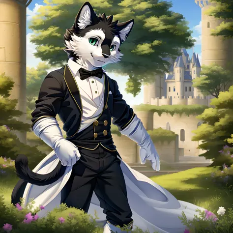 masterpiece, best quality, perfect anatomy, 4k, (black cat prince), smile, castle garden, white gloves,1boy, solo, white tuxedo, upper body, wear clothes