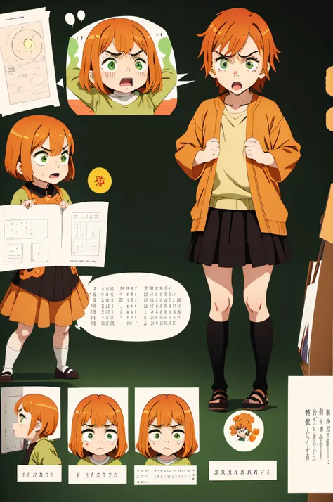 little girl, kid, anime, really upset, with short dark orange hair, green eyes, young age, character sheet, different poses, upset, unhappy, furious, screaming, full body, yelling