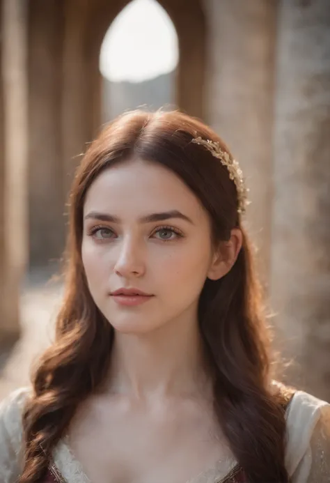 Fair complexion, Small freckles on the bridge of the nose，A woman of about 24 years old, Natural brunette hair, Unique black eyes, teardrop，Slender and graceful, Candlelight in a medieval setting, super sharp focus, realistic lens, Medieval white womens cl...