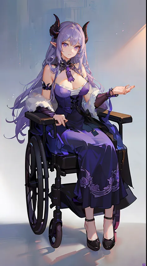 young girl, long curly lilac hair, violet eyes, Sheep horns, princess dress, open breasts, large breasts, sitting in a wheelchair, Masterpiece, hiquality, higly detailed, HD, 4k