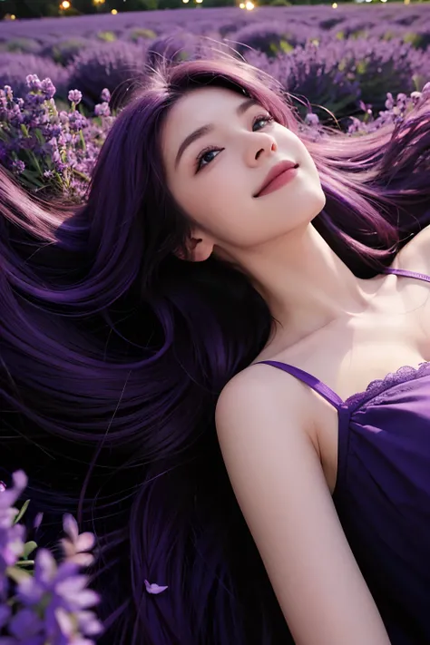 beautiful girl lying down on back, in a lavender field at night, looking up at the sky, purple long hair, cinematic, smiling