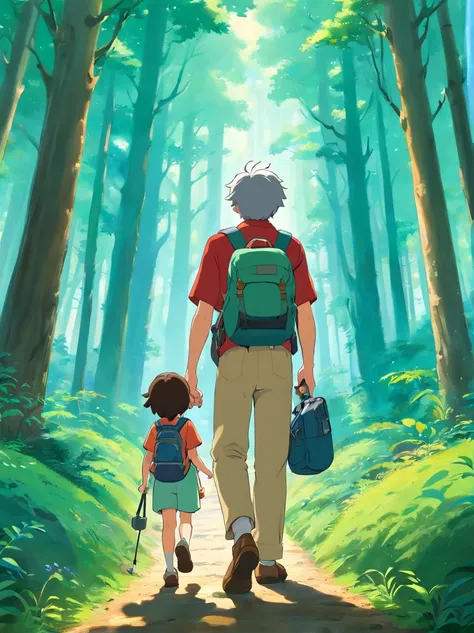 （Design a poster）A father and children little boy , Walk through magical forests,  Carrying a hiking bag，Hold trekking poles，There are towering trees，