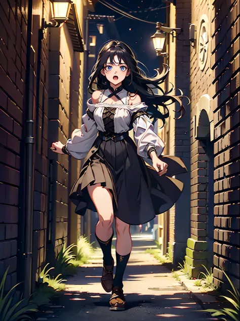 village girl, medieval era, long black hair, dark blue eyes, 18 years old, cute face, medium breasts, brown skirt, white blouse, exposed shoulders, beautiful, tall body, (((A young girl running in an alley way))), (((scared, worried, screaming))), (((alley...