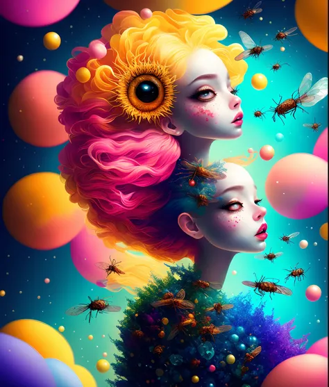 Color Pop Style, Photo photo portrait of the sun surrounded by satellites of orbiting planets, blonde spiky hair, natalie shau, Mark Ryden, Alberto Seveso, Brooke Shaden, Anna Dittmann, Flora Borsi, 8K resolution, Perfect composition, Milky way, Rainbow Co...