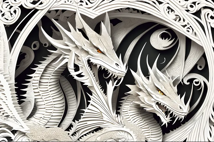 mdjrny-pprct, a dragon, in two colors, 6d, great work of art, very detailed, best quality, award-winning paper cutting work, kirigami, jianzhi