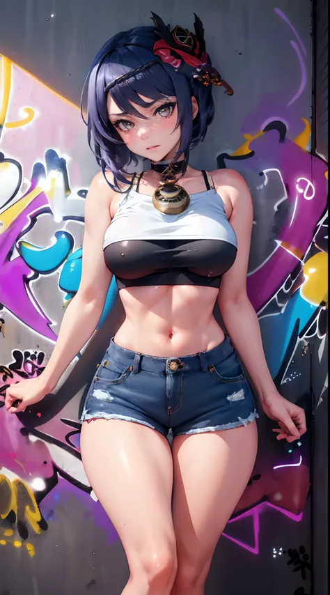 Kujou Sara Genshin Effect, masterpiece, bestquality, 1girls, mediuml breasts, bara, crop top, shorts jeans, choker, (Graffiti:1.5), Splash with purple lightning pattern., arm behind back, against wall, View viewers from the front., Thigh strap, Head tilt, ...