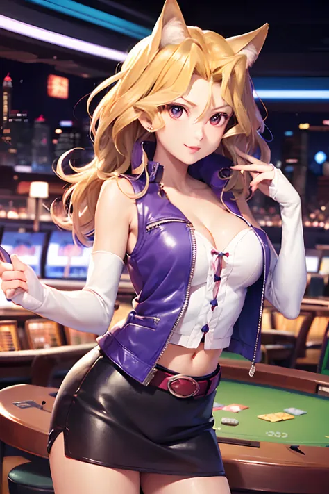 (masutepiece, Best Quality:1.2), Cowboy Shot, Solo, 1girl in, Valentines Day in May, embarassed expression、 Looking at Viewer, sleeveless jacket, Detached sleeves, Skirt、thigh high boots、Exterior of the casino、natta、Poses that emphasize breasts