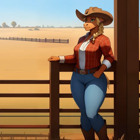 Athletic_mature_horse female blonde_mane long_single_braid orange_brown_furry_body green_eyes freckles plaid_shirt jeans cowboy_hat cowboy_boots thick_thighs farm solo Masterpiece best_quality absurdres highly_detailed cleanly_drawn_eyes anthro_only by_cla...