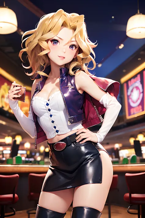 (masutepiece, Best Quality:1.2), Cowboy Shot, Solo, 1girl in, Valentines Day in May, embarassed expression、 Looking at Viewer, sleeveless jacket, Detached sleeves, Skirt、thigh high boots、Exterior of the casino、natta、Poses that emphasize breasts