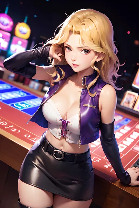 (masutepiece, Best Quality:1.2), Cowboy Shot, Solo, 1girl in, Valentines Day in May, embarassed expression、 Looking at Viewer, sleeveless jacket, Detached sleeves, Skirt、thigh high boots、Exterior of the casino、natta、Poses that emphasize breasts