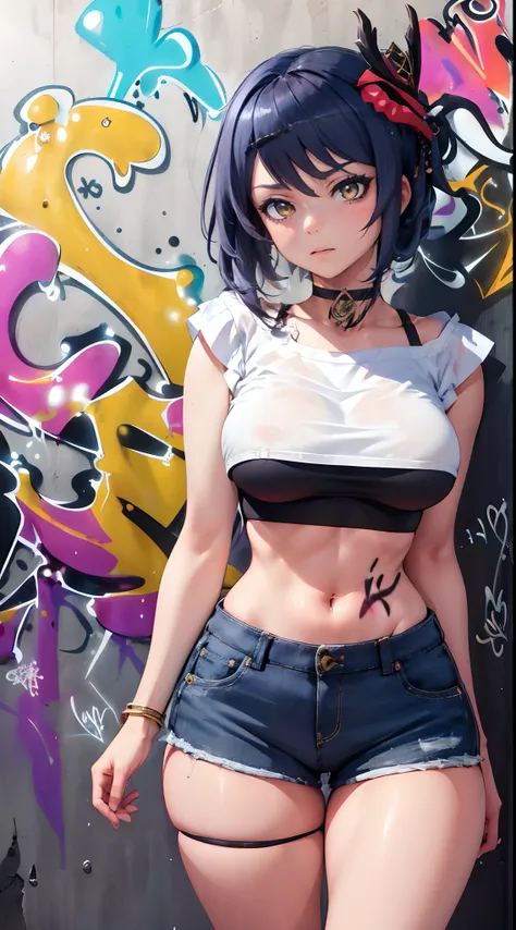 Kujou Sara Genshin Effect, masterpiece, bestquality, 1girls, mediuml breasts, bara, crop top, shorts jeans, choker, (Graffiti:1.5), Splash with purple lightning pattern., arm behind back, against wall, Look at the audience from behind., bracelet, Thigh str...