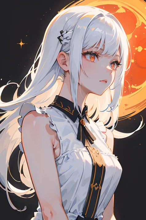 ((masterpiece, best quality)), (1girl), (solo), (female focus), (white hair, straight hair, long hair),orange eyes,((sleeveless dress)), sad expression, portraits, hand behind body, close up, upper body, calm night background