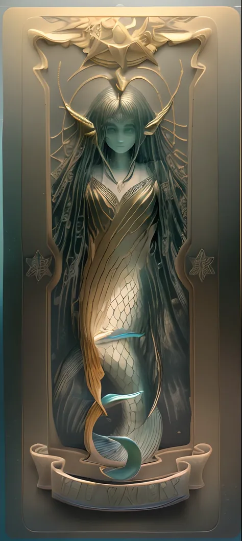 Tarot Card, water, seabed, beautiful mermaid with childlike face, long haired mermaid, girl with stoic expression, fish scales (3D, embossed, black background, high relief print, porcelain texture, porcelain color, golden lines)