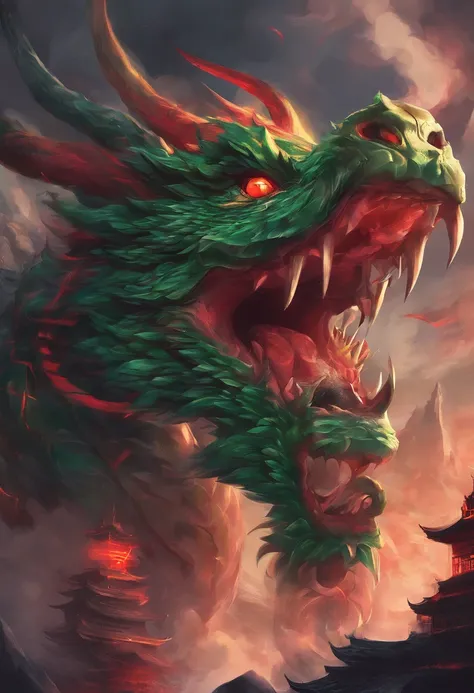 China-style，Chinese mythology，Chinese Green Dragon，tosen，Ferocious，gargantuan，The eyes glow red，Glow effects，surrounded by cloud，Thick clouds，buliding，中景 the scene is，Full body like， highly detailed surreal vfx，oc rendered，