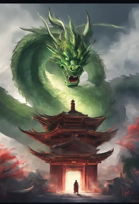 China-style，Chinese mythology，Chinese Green Dragon，tosen，Ferocious，gargantuan，The eyes glow red，Glow effects，surrounded by cloud，Thick clouds，buliding，中景 the scene is，Full body like， highly detailed surreal vfx，oc rendered，