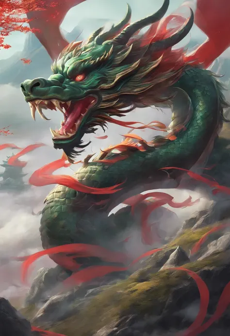 China-style，Chinese mythology，Chinese Green Dragon，tosen，Ferocious，gargantuan，The eyes glow red，Glow effects，surrounded by cloud，Thick clouds，buliding，中景 the scene is，Full body like， highly detailed surreal vfx，oc rendered，