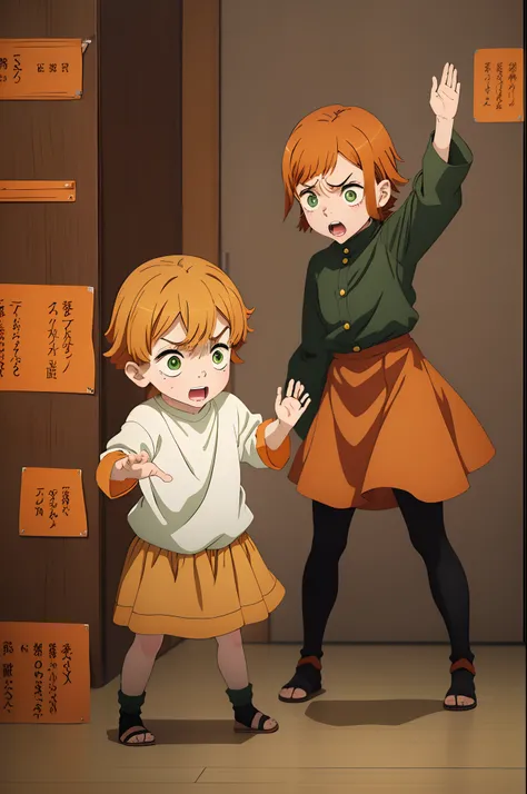 little girl, kid, anime, really upset, with short dark orange hair, green eyes, young age, character sheet, different poses, upset, unhappy, furious, screaming, full body, yelling, waving hands