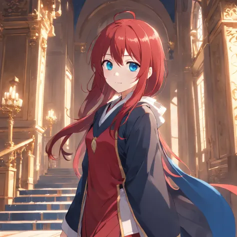 super beautiful girl style anime red hair blue eyes long hair red and black clothes princess clothes young girl perfect body in a palace