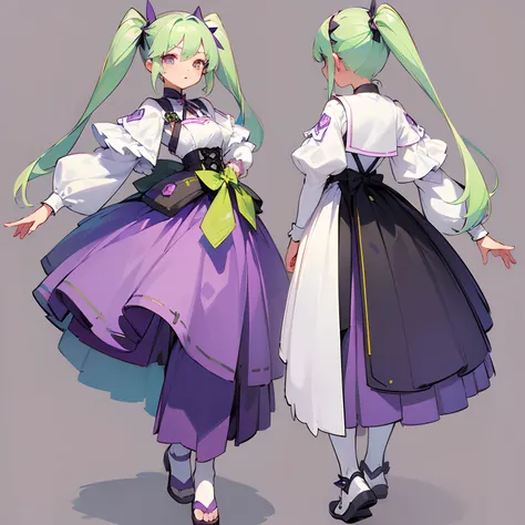 ((​masterpiece))、(top-quality))、(CharacterDesignSheet、Same character、gauges、across、soles)、(simple background、white backgrounid:1.3)1girl in、light green hair、Long twin tails that reach your waist、Outfit with purple and pink gradient