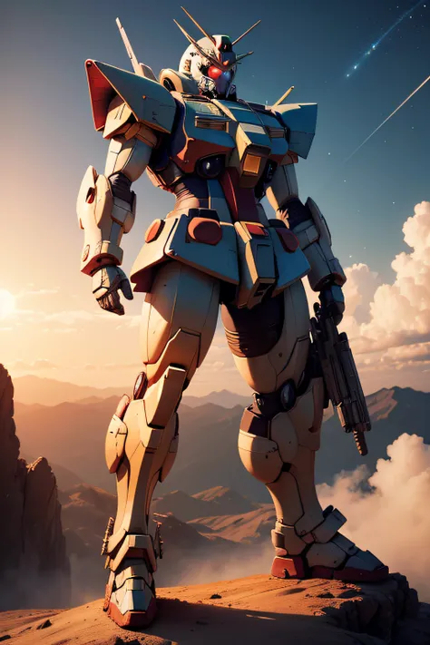 a realistic giant gundam, it is very detailed and beautiful. He is on a hostile planet exploring. We see the curvature of the planet and in the distance a sun rises. There is also an exploding galaxy