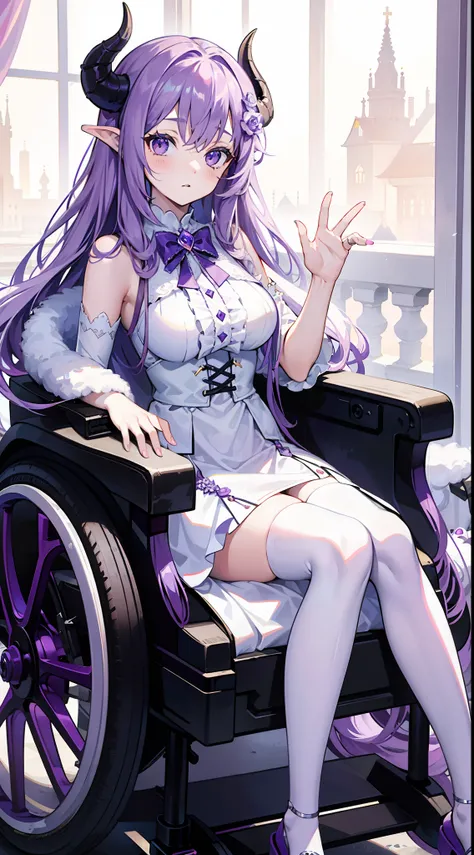 young girl, long curly lilac hair, violet eyes, Sheep horns, princess dress, open breasts, sitting in a wheelchair, Masterpiece, hiquality, higly detailed, HD, 4k