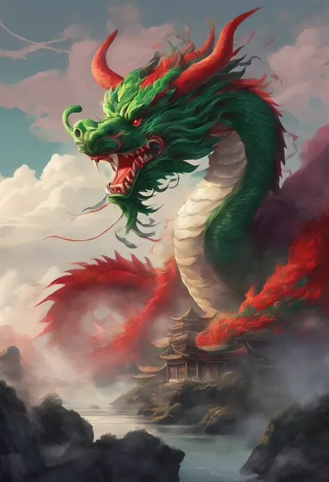 China-style，Chinese mythology，Chinese Green Dragon，tosen，Ferocious，gargantuan，The eyes glow red，Glow effects，surrounded by cloud，Thick clouds，buliding，中景 the scene is，Full body like， highly detailed surreal vfx，oc rendered，